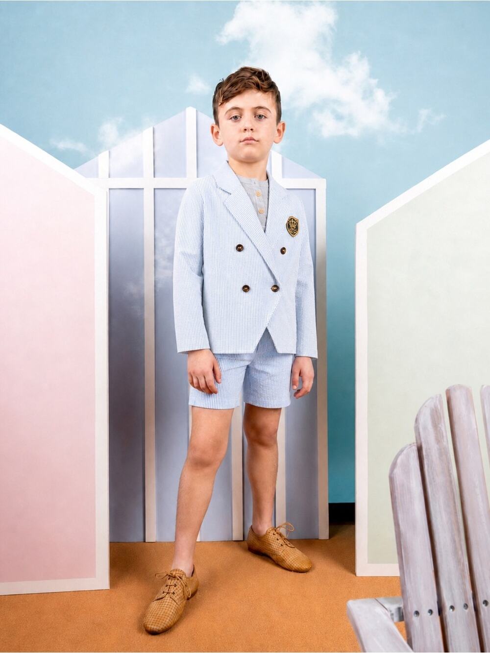 2 pc Belati Boys Seersucker Stripe Preppy Shorts Double Breast Suit Slim Formal